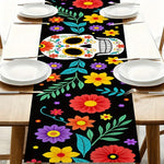 table table motif crânes fleurs colorées festif moderne noir rouge jaune violet vert