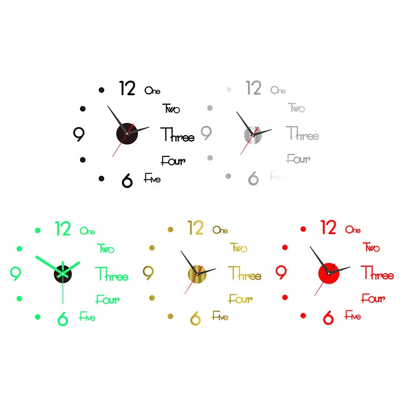 horloge murale moderne adhésive couleur noir rouge vert doré chiffres blancs points noirs transparente