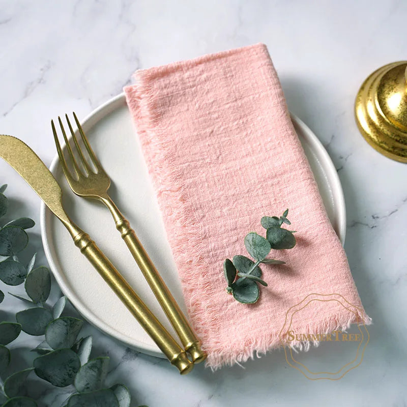 serviettes cuisine rustiques coton noir orange beige blanc rose pâle franges rustic naturel