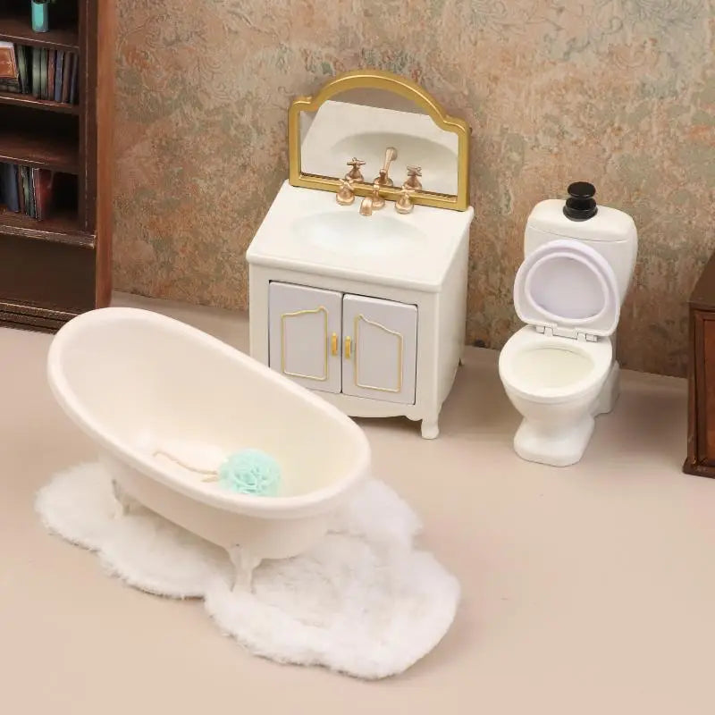 meubles salle bain miniature blanc classique vasque miroir toilette tapis brosse dents ensemble jouet