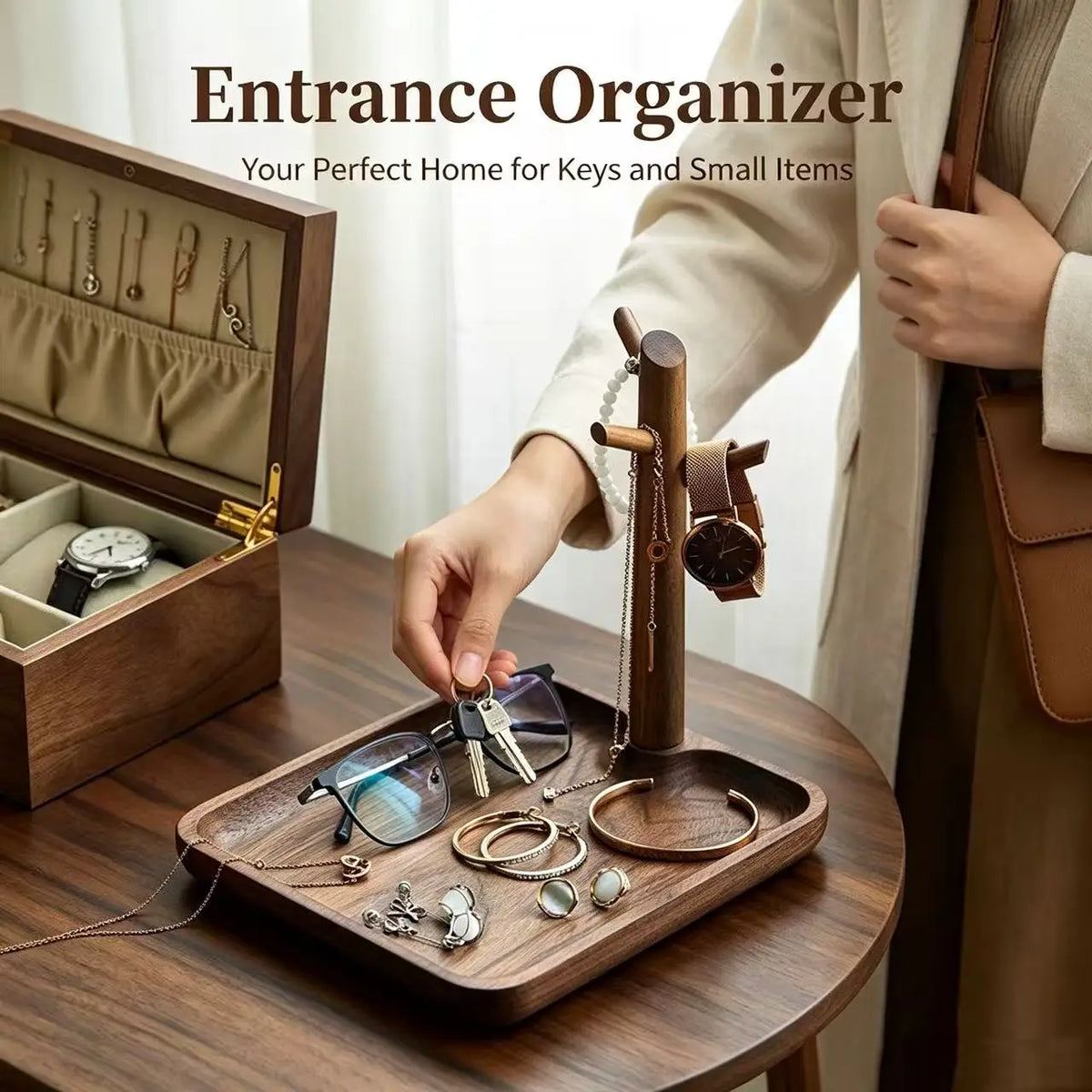 organisateur entrée moderne bois marron lunettes montres porte clés bijoux étui stylos parfum minimaliste