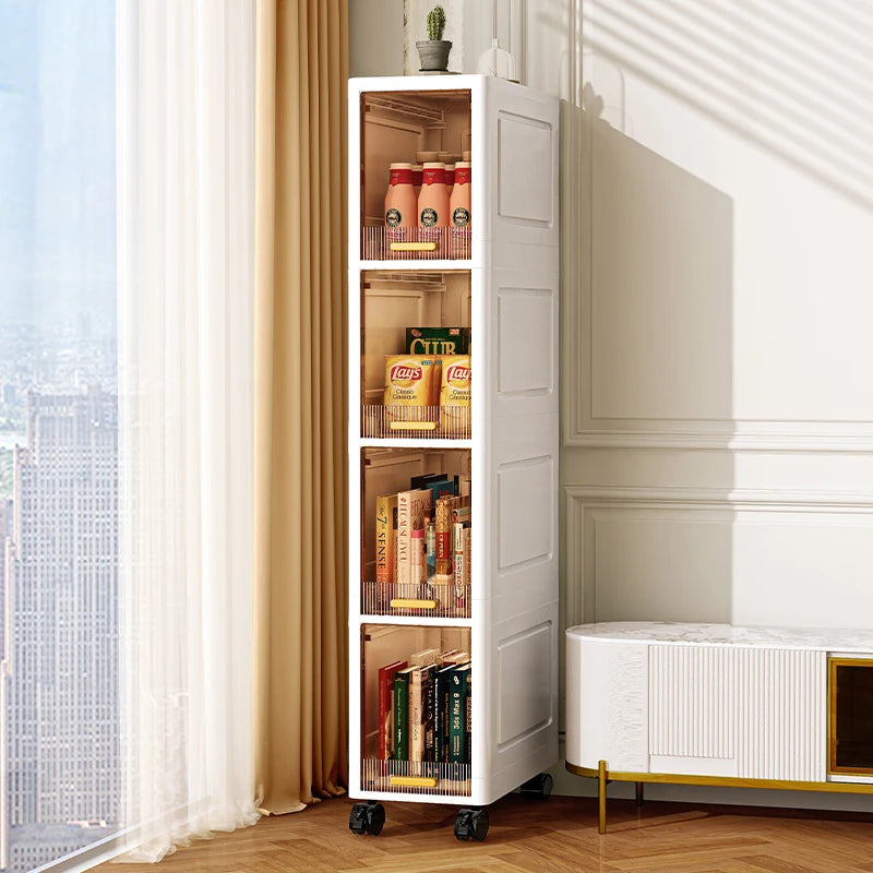 rangement mobile multi niveaux blanc transparent moderne roulettes echangement visible