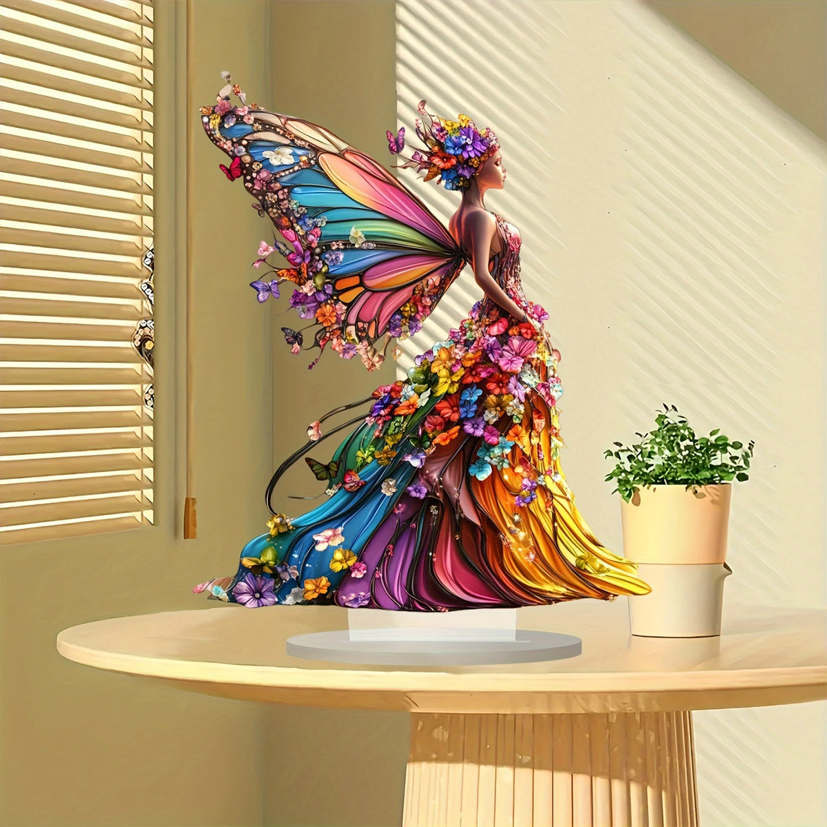 sculpture féerique femme ailes coiffe florale multicolore fleurs papillons décoratif intérieur