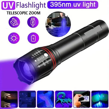lampe torche uv rechargeable 395nm noir texturé modernes modes lumineux haut bas clignotant