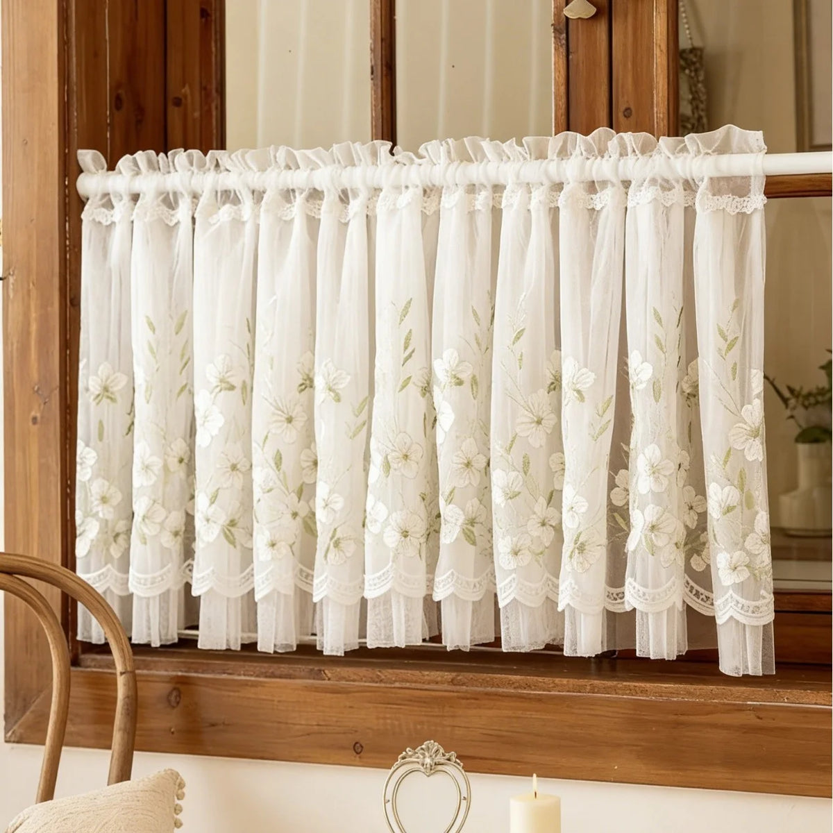 rideau blanc fleurs brodées dentelé transparent classique romantique fenêtre cuisine bibliothèque sans perçage