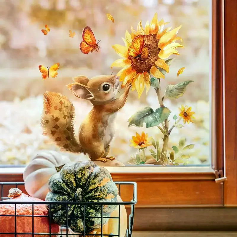 autocollant mural rustique écureuil tournesol aquarelle opaque animaux fleurs papillons réaliste adhésif marron beige