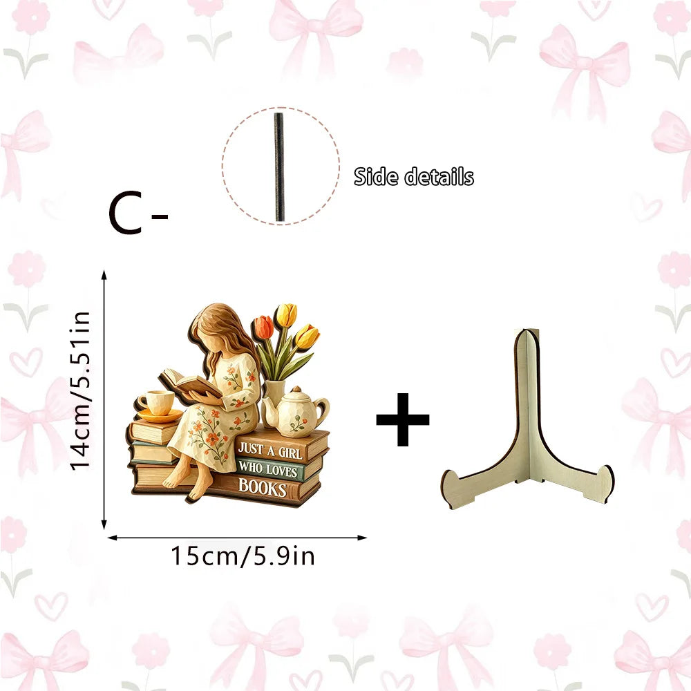figurines bois fille lecture supports livres fleurs vases tulipes lavande théière bougiesDecorationChampetreSpirituelle