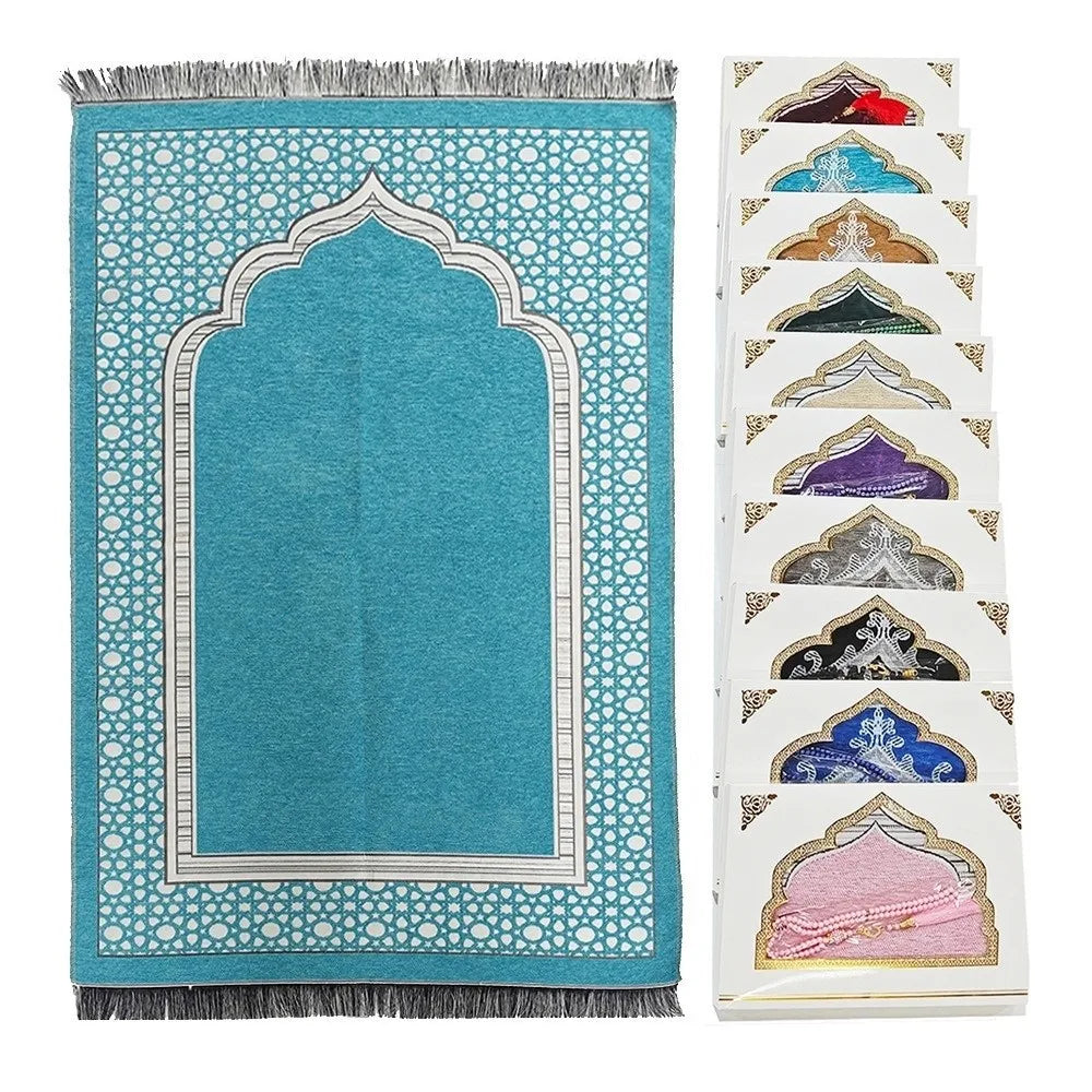 tapis prière islamique géométrique polyester bleu vert gris violet moderne