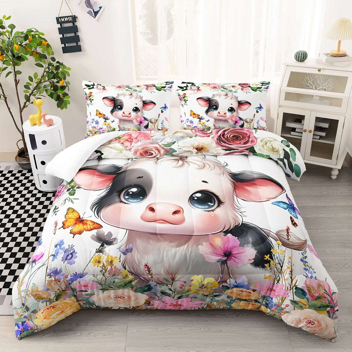 ensemble literie impression 3d fleurs papillons visage vache moderne enfant blanc noir rose jaune