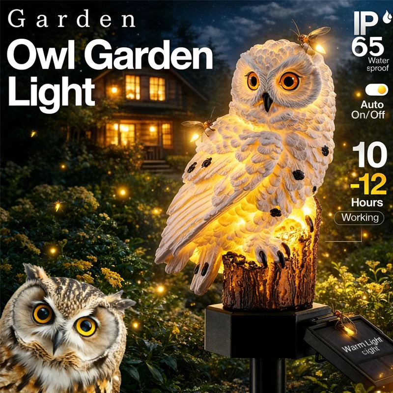 statue oiseau hibou solaire extérieur blanc marron plumes décorative jardin ip65 led