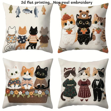 coussins carrés beige chats costumés cartoon housses polyester peacheskin 45x45cm fixations pack pièces