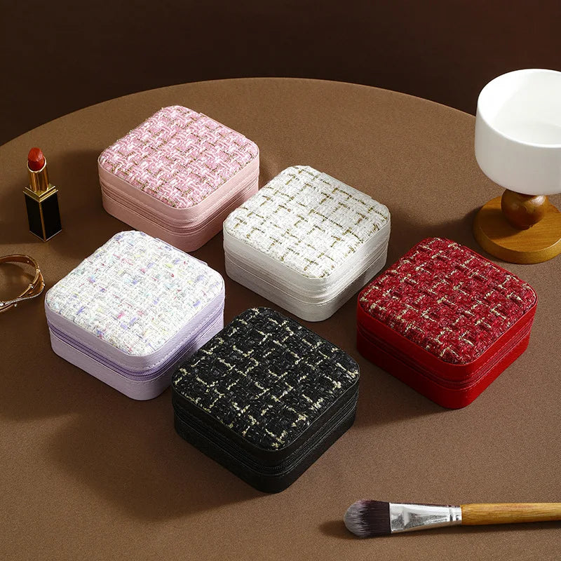 boîte rangement bijoux cuir pu rose noir rouge violet classique tissu carreaux glissière