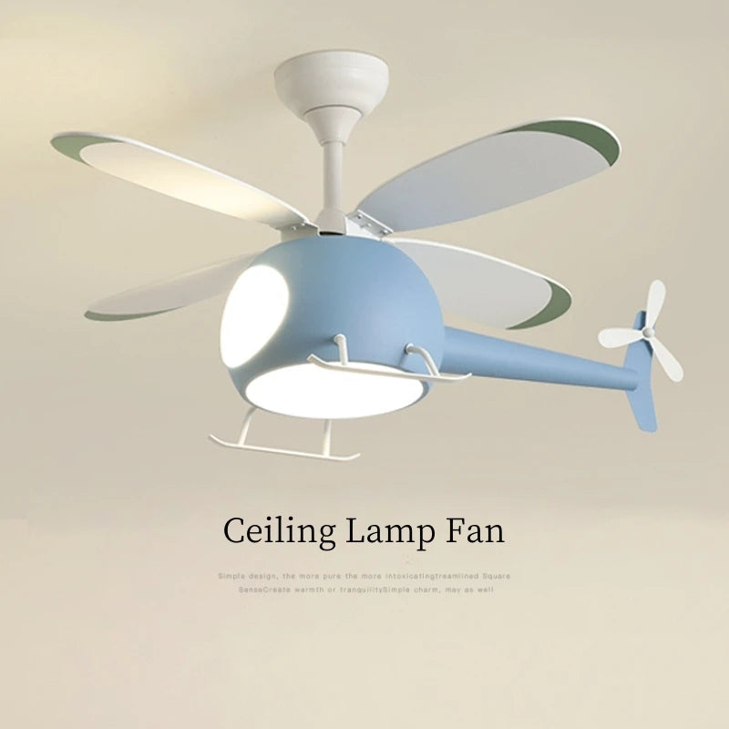 ventilateur lampe intégrée hélicoptère bleu blanc jaune moderne télécommande led enfants chambre salon