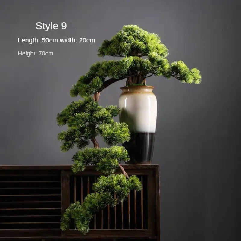 bonsaï artificiel vert clair arbre feuilles fines pot noir gravier blanc ornement extérieur classique