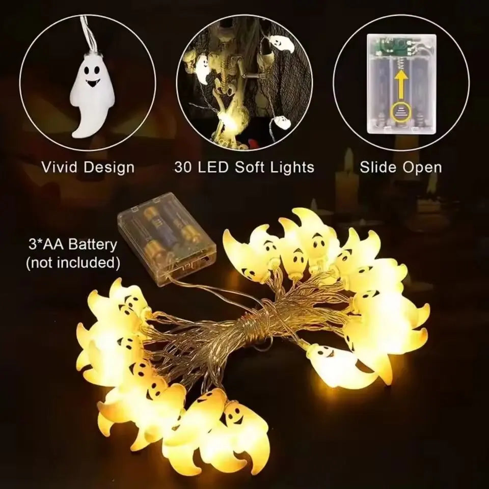 guirlande lumineuse halloween fantômes souriants led blanc jaune vert rose bleu festive vacances
