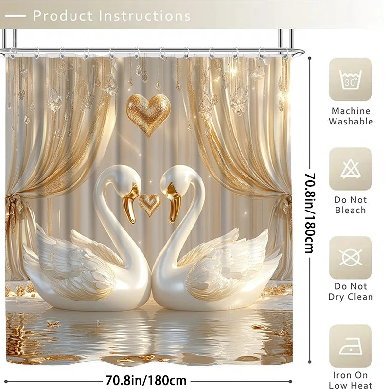 rideau douche cygnes tapis bain couvercle wc blanc doré classique