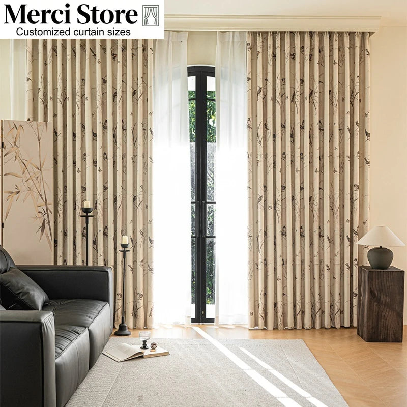 rideau occultant beige oiseaux noirs fleurs classique anneaux fenêtre salon chambre