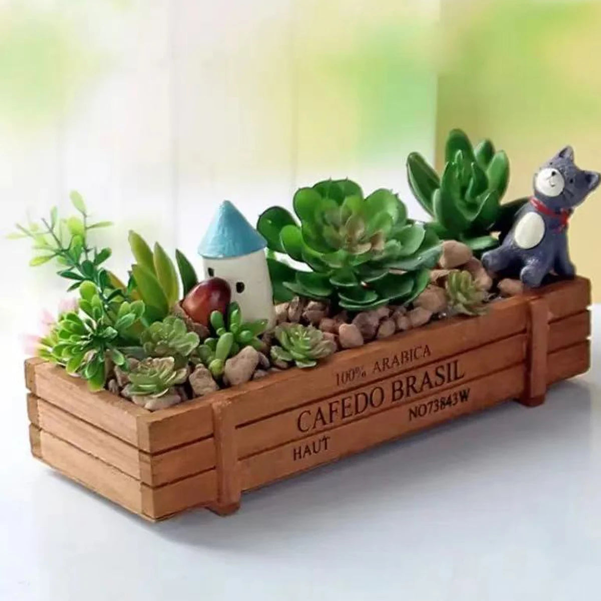 bac plantes bois naturel vintage succulentes artificielles figurines animaux gravier