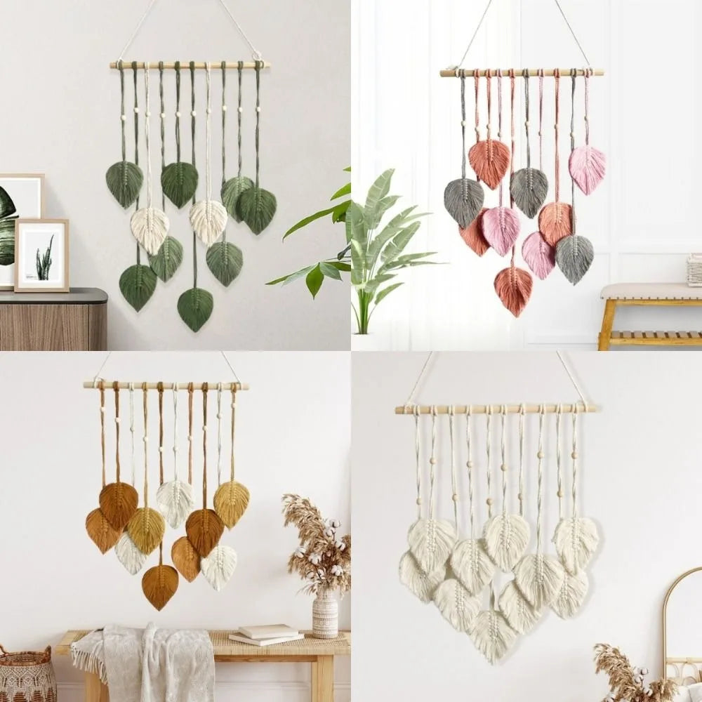 mobile mural vert blanc feuilles motif main tissée suspension simple decoration