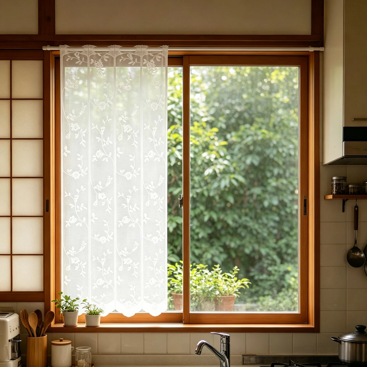 rideau floral japonais dentelle polyester translucide cadre bois chambre cuisine