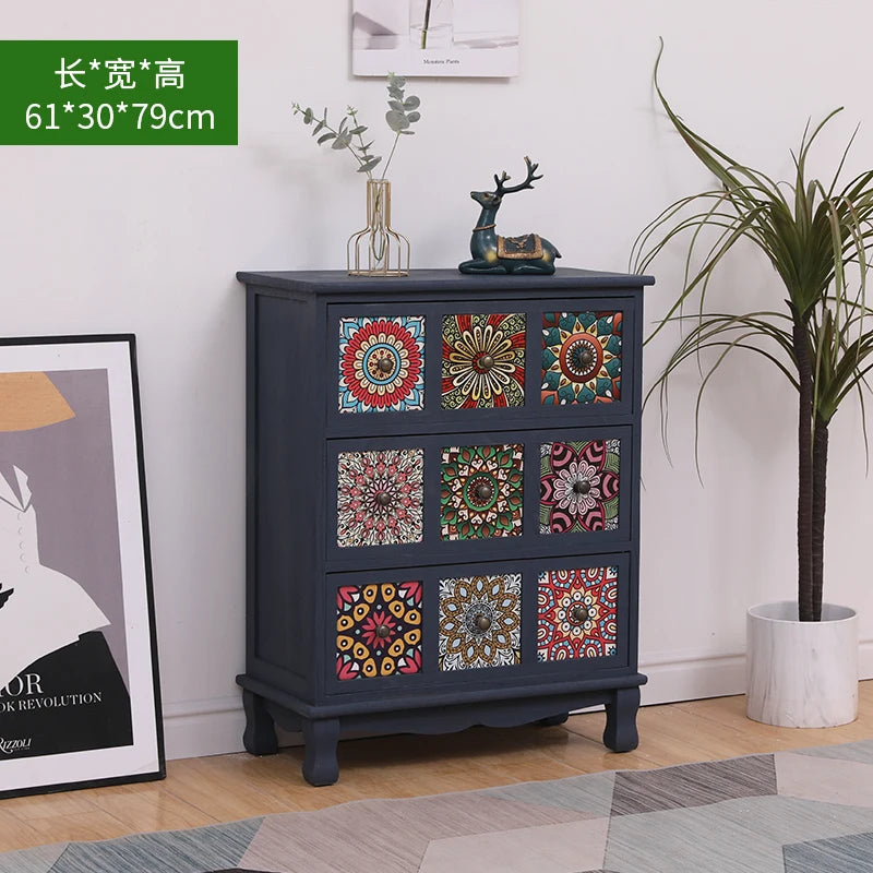 commode vintage rustique tiroirs floraux bois foncé organisateur chambre coucher bois massif