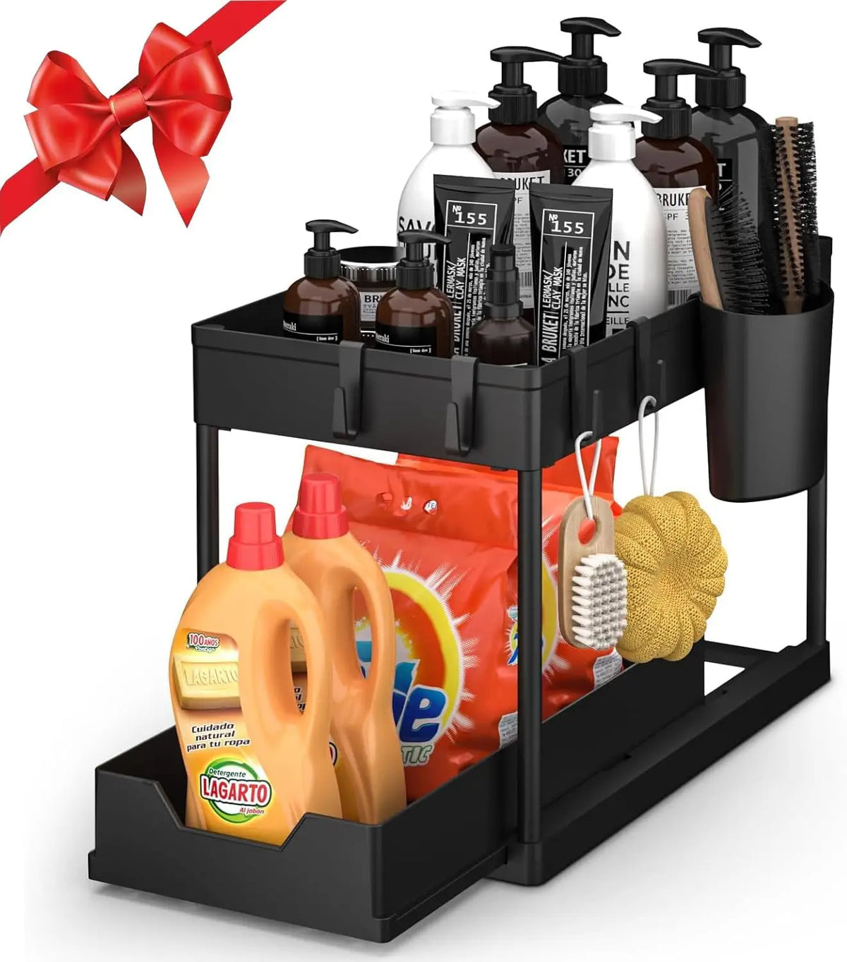 rangements sous évier deux niveaux étagère suspendue crochets porte gobelet moderne noir gris utilitaire