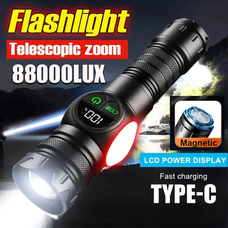 torche rechargeable led noire modes lumiere rouge aimant affichage lcd port usb camping adultes