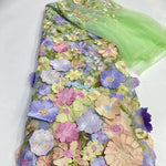 tissu brocart fleurs reliefs multicolore rose bleu vert jaune blanc biodegradable longueur 150cm echangable