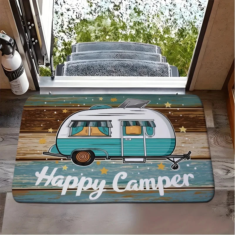 tapis sol camping car étoiles vintage fond bois bleu blanc résistant