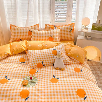 Housse de couette damier orange sur lit double