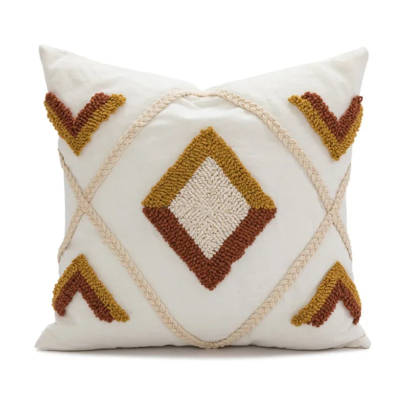 coussin décoratif moderne motif géométrique jaune gris beige texture bouclée canapé salon