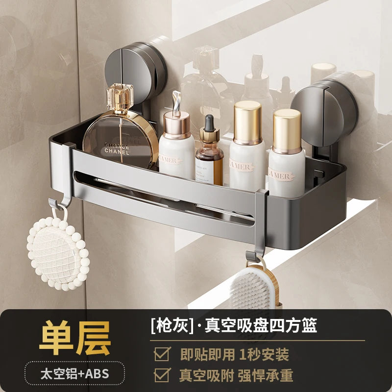 étagère salle bain angle ventouse aluminium gris moderne rangement douche serviette brosse dents crochets