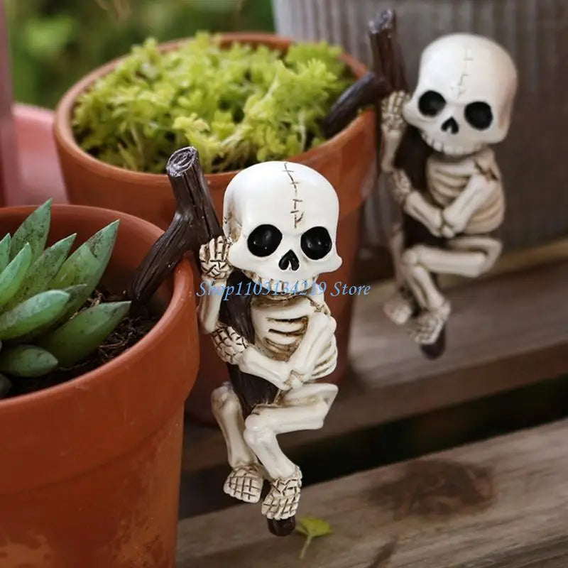 squelette miniature résine crâne os articulations blanc noir fantaisiste halloween decoration plante