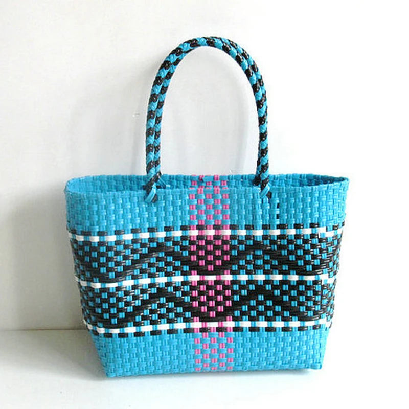 sac main plastique tissé géométrique polyvalent femme moderne noir blanc jaune bleu turquoise poches