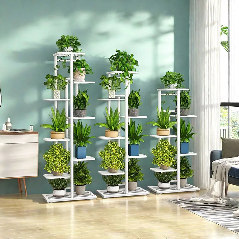 étagère moderne fleurs niveaux blanc plateaux simples structure métallique minimaliste
