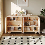 meuble rangement moderne bois motifs géométriques beige clair pieds ronds