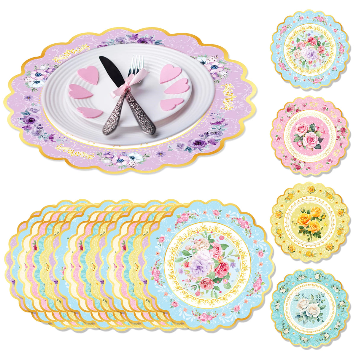 assiettes papier violet bleu rose jaune fleurs vintage romantique respectueux environnement ensemble fete the