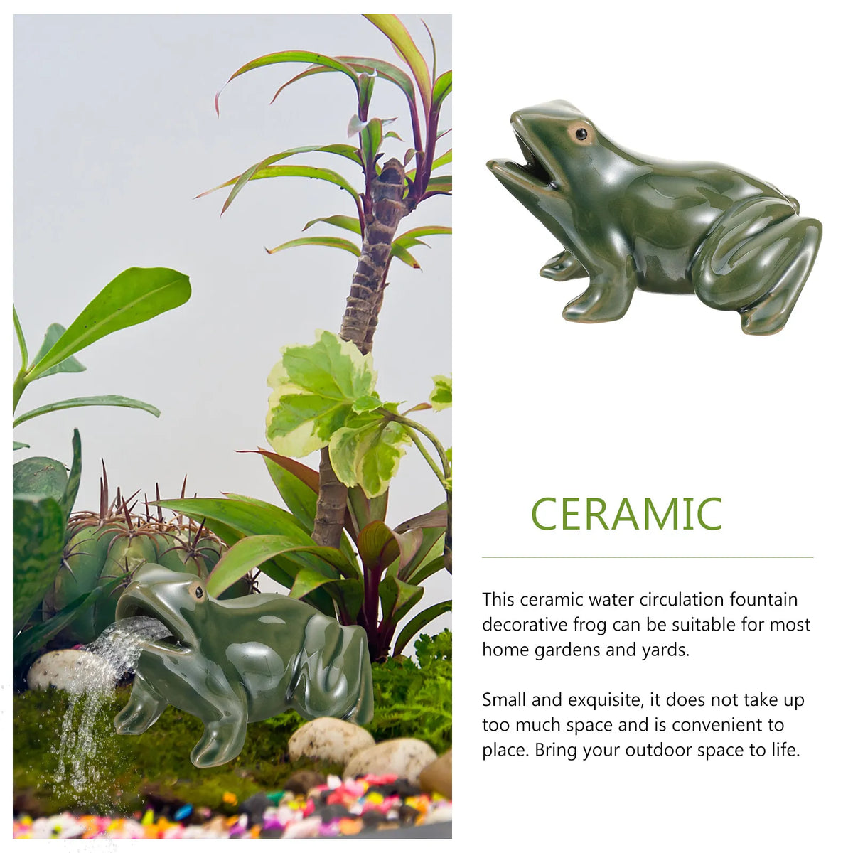 fontaine eau statue grenouille verte céramique lisse brillante jardin extérieurintérieur