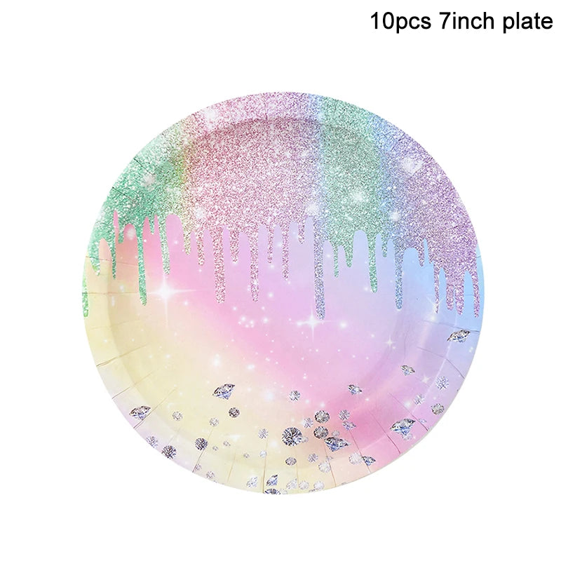 vaisselle jetable fête anniversaire moderne multicolore pailletée assiettes tasses serviettes pailles bannière happy birthday