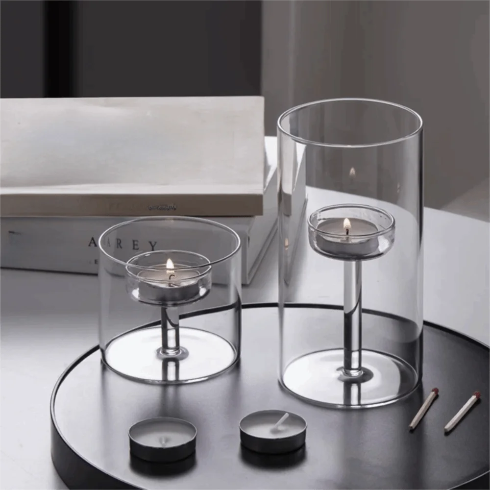 bougeoir transparent moderne bougie allumettes pied central table fête