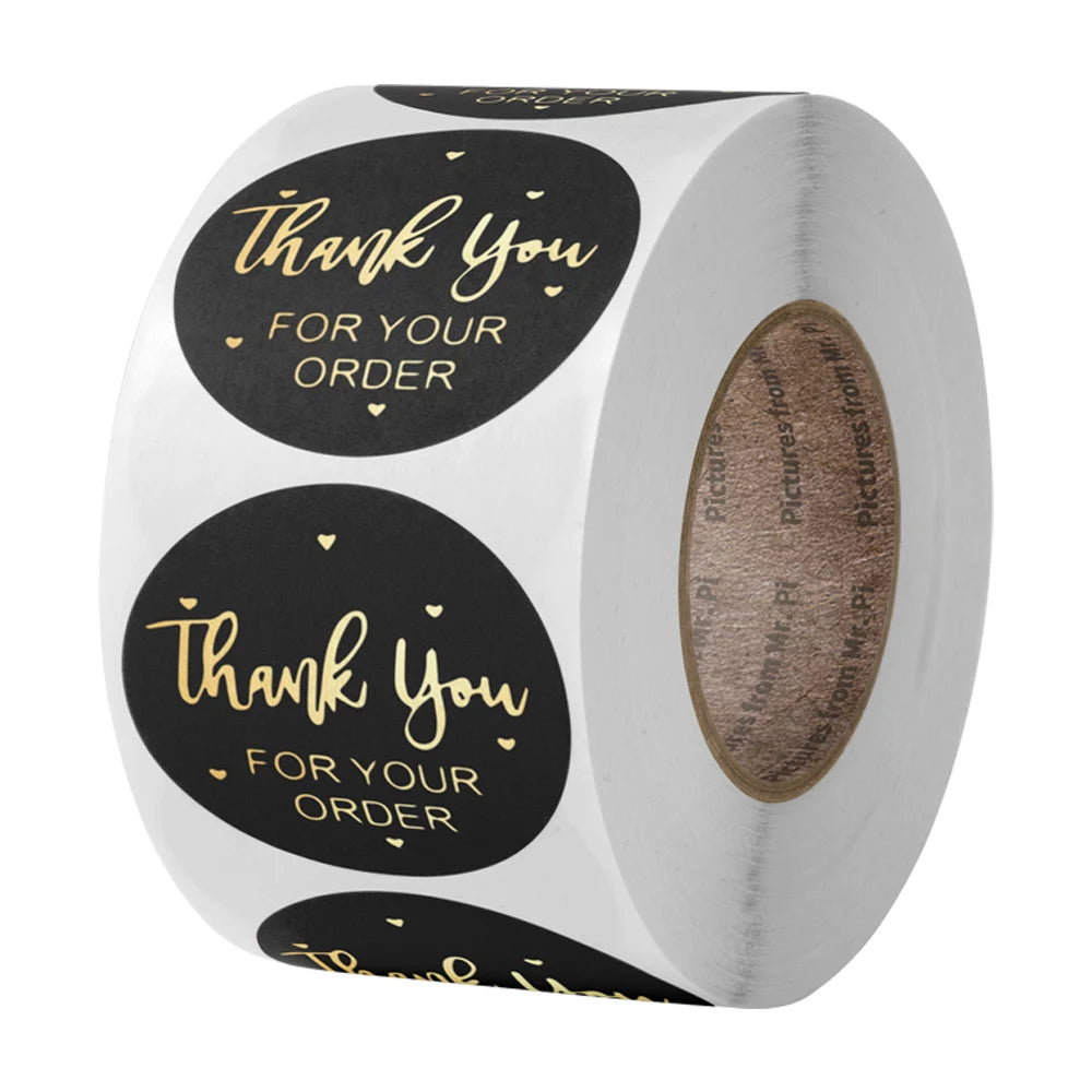 autocollants merci votre commande noir rose doré transparents élégants cœurs écriture manuscrite lot 50