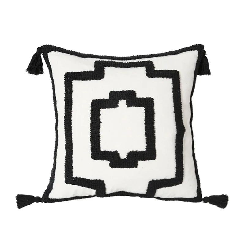 coussin décoratif moderne motif géométrique jaune gris beige texture bouclée canapé salon
