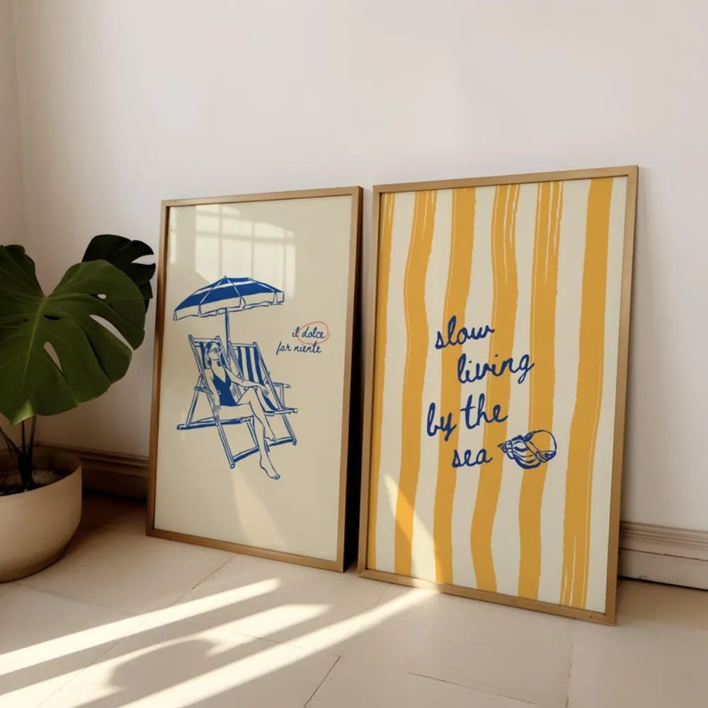 affiches modernes minimalistes blanc bleu jaune rayures texte cadre bois chambre salon decoration
