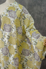 tissu brocart jaune violet floral résistant polyester 125cm largeur texturé vintage decoration interieur