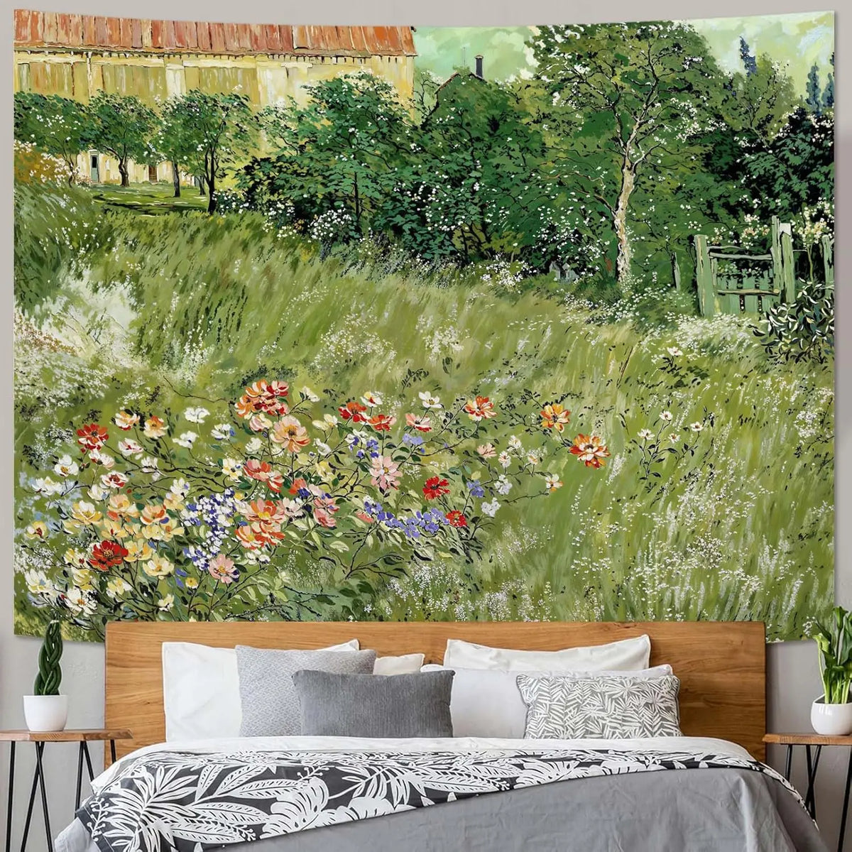 tapisserie murale paysage champêtre fleurs arbres maison verte polyester rectangle vintage