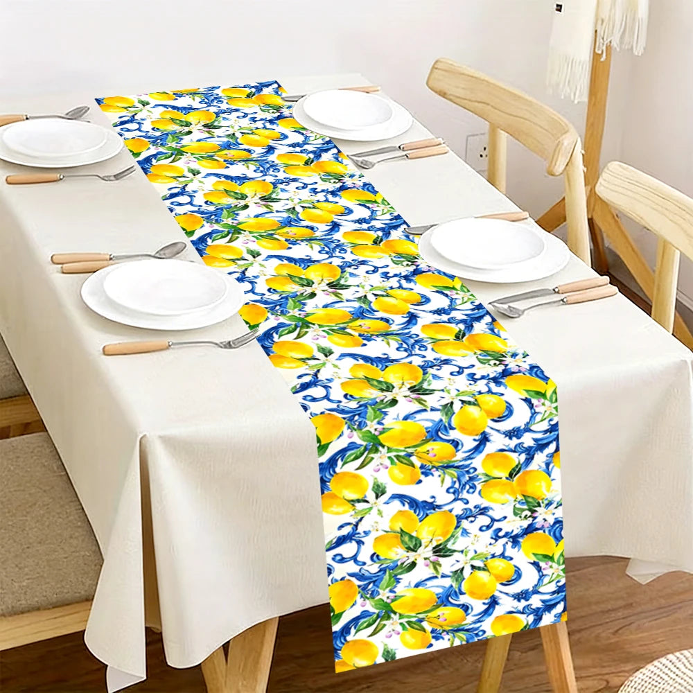 nappe citron motif floral jaune bleu blanc décoration été mariage anniversaire fête italienne table