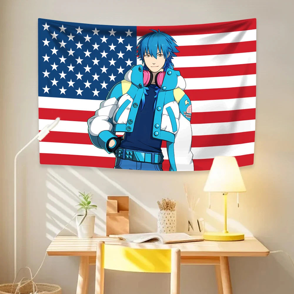 tapisserie dessin animé personnages drapeau américain costumes urbains bleu blanc rouge noir gris polyester