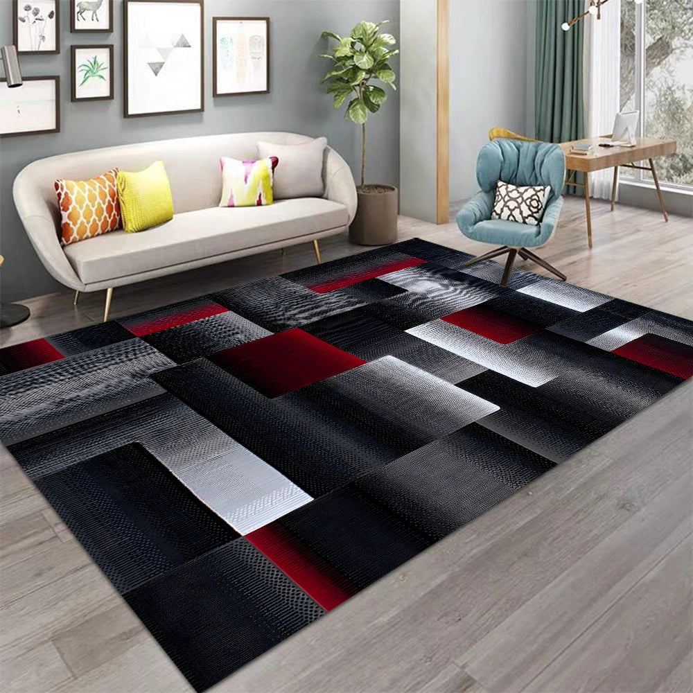 tapis géométrique abstrait moderne polypropylène polyester noir blanc rouge salon chambre extérieur