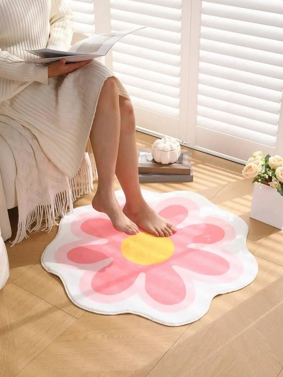 tapis fleur stylisé moderne rose blanc jaune antidérapant imperméable extérieur intérieur