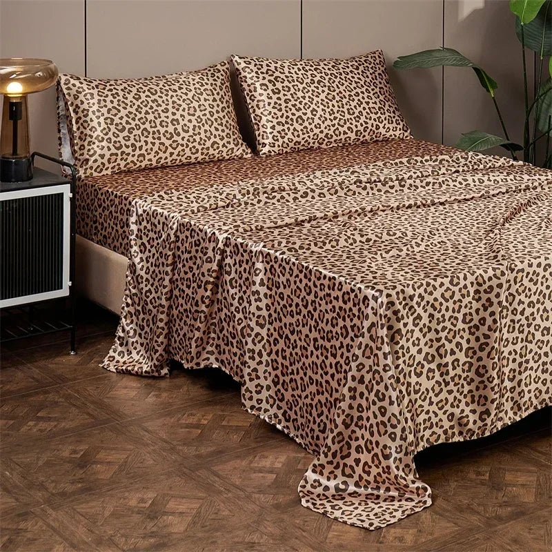 draps lit imprimés léopard beige moderne 600s satin king queen twin 4pcs